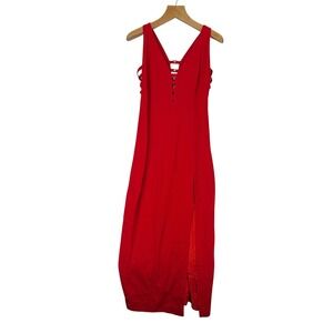Vtg Cache Red Cage Back Deep V-Neck High Slit Maxi Dress Formal Evening Size 12